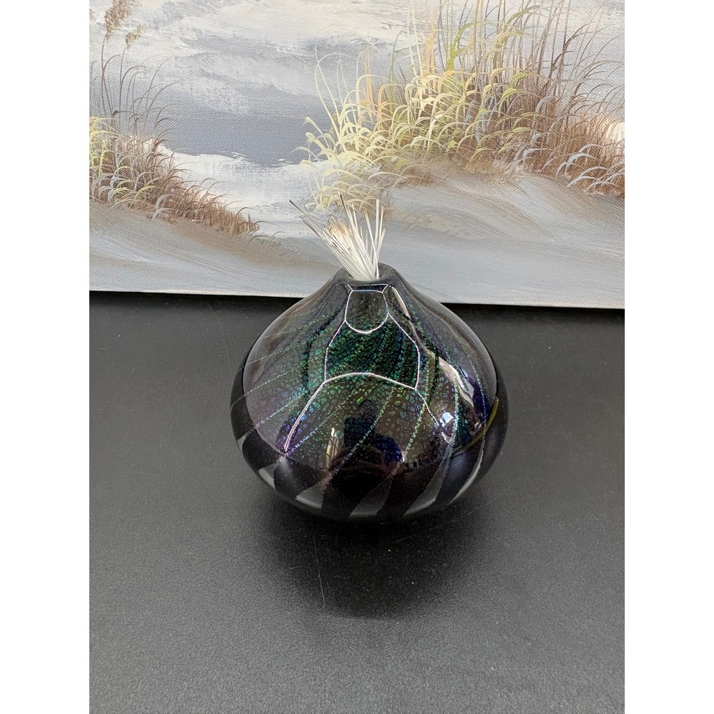 Maytum Studio 1994 Iridescent Art Glass Paperweight Oil Lamp  Blue Green